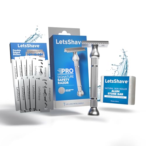Image of LetsShave Pro Signature DE Safety Razor for Men (+10 Blades, 1 Alum Bar) | Double Edge Classic Razor with Stainless Steel Blades | Premium Metal Handle for Precision & Control | Traditional Single Blade Shaver
