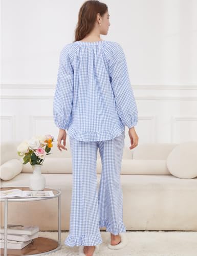 Womens Gingham Pajama Set 2 Piece Plaid Button Down Puff Long Sleeve Babydoll Shirt and Pants Y2K Pjs Lounge Set Fall Outfits2