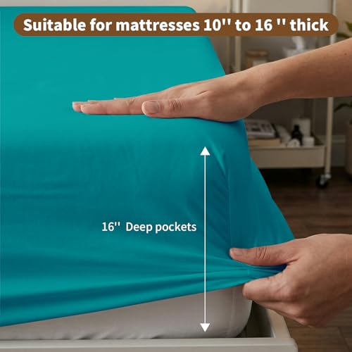 Image of HBHLFZ Full Fitted Sheet Only, Soft Breathable Bottom Sheet - 54 inchx75 inch Deep Pockets Full Size Fitted Sheet - All Around Stretch Fit, Wrinkle Resistant, Colorfast - Easy Care, Blue-Green