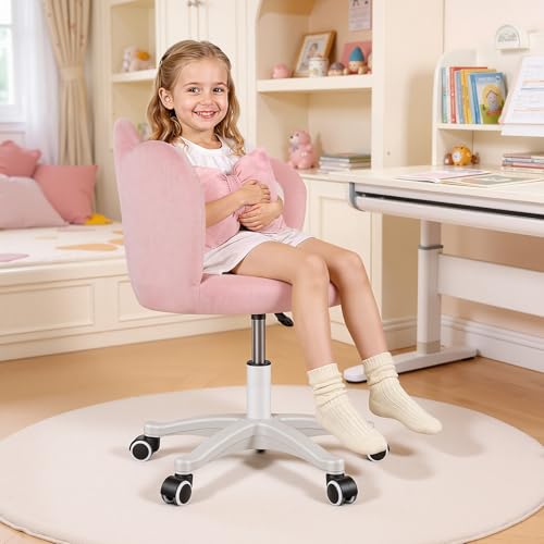 Chaise de Bureau Enfant, Chaise Ordinateur Enfant, Chaise Coiffeuse Reglable en Hauteur, Siege Pivotant 360 Degres avec Roulettes, Coussin Noeud, Assise Large pour Chambre Etude Maison (Rose)