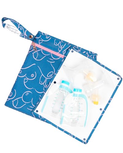 Image of Sarah Wells Pumparoo Wet Dry Bag for Breast Pump Parts – Compact Organizer with Waterproof Pocket, Staging Mat & Fridge Hack – Machine Washable Pumping Accessory (Blue Pattern)