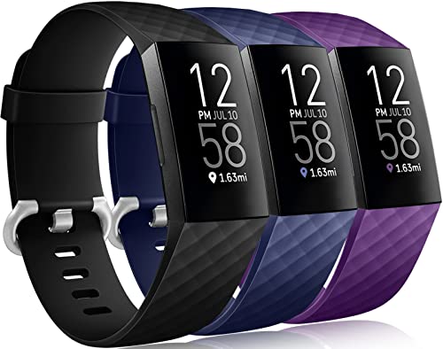 Wepro Waterproof Bands Compatible with Fitbit Charge 4 / Charge 3 / Charge 3 SE for Women Men, 3-Pack Replacement Wristbands for Fitbit Charge 3 / Charge 4, Small, Black, Navy Blue, Plum