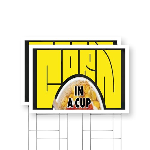 Corn in a Cup Yard Sign 2 Pack of 24 Inch x 36 Inch Single Sided Weatherproof Heavy-Duty Plastic with Stake | Authentic Street Snacks, Mexican Elote, Food Stands | Made in USA
