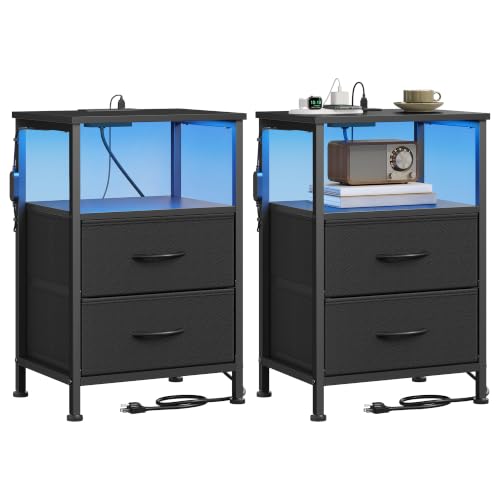 SONGMICS Bellah Collection - Nightstand with Charging Station and App-Controlled Adjustable LED Lights, Bedside Table, 2 Drawers and 1 Open Shelf, Modern Basic, Set of 2, Ink Black ULGS202B101 by SONGMICS - Used condition - CA$80.31