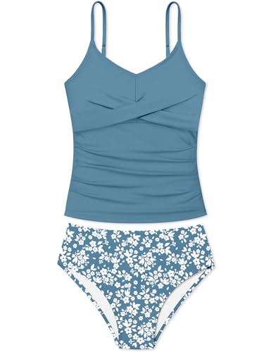 Image of Girls Swimsuit 2 Piece Bathing Suit Criss Cross Ruched Girl Tankini Sets Printed Girls' Swimwear for 9-18 Years