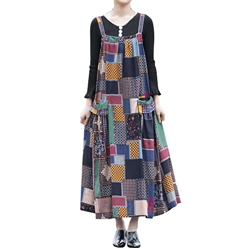 Namolit Vestido feminino estilo folk estampado de algodão e linho casual solto gola quadrada comprim