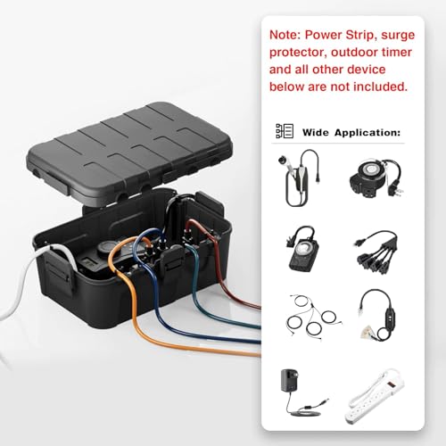 Joinfworld Outdoor Electrical Connection Box – Waterproof Extension Cord Cover, Weatherproof Cable Outlet Box For Power Strips, Christmas Lights, Pond Pumps (Medium, Black)