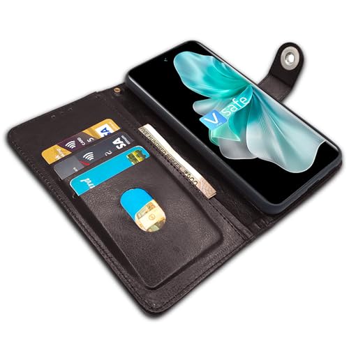 Image of Pikkme Vivo V30 5G Flip Cover Leather Finish | Inside TPU with Card Pockets | Wallet Stand and Shock Proof | Complete Protection Button Flip Case (Coffee)