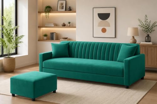 Image of 3-Seater Wooden Sofa Set with Ottoman, Soft Velvet Fabric, Comfortable Couch for Living Room, Office & Apartment - Green Color