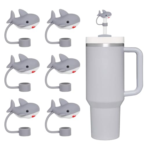 Whaline 6Pcs Summer Gray Shark Straw Covers Sea Animal Silicone Reusable Straws Topper 10mm/0.4In Straw Tips Lids Protectors for 30/40 OZ Tumbler Cups Accessories