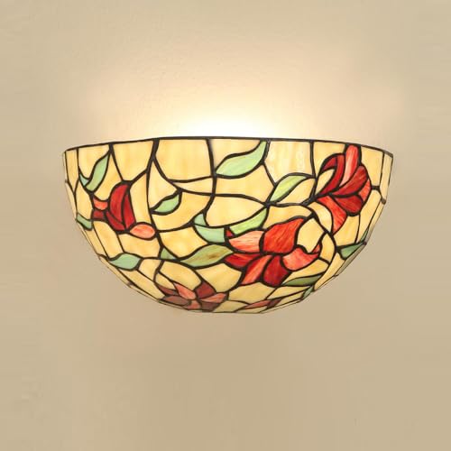 Image of Lampwise Red Lilies Tiffany Style Wall Sconce - 12" Stained Glass Lamp for Living Room, Bedroom, & More