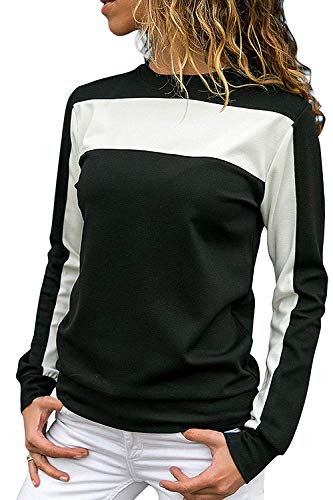 Sudadera De Manga Larga Mujer Cuello Redondo Color Bloque Suéters Negro XL