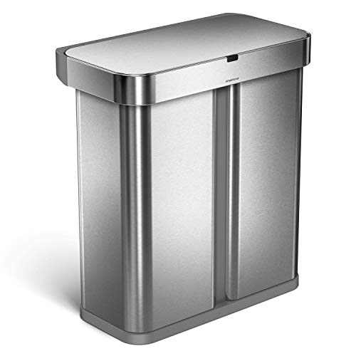 simplehuman 58 Liter / 15.3 Gallon Dual Compartment Rectangular Hands-Free Kitchen Recycling Trash Can with Voice and Motion Sensor, Brushed Stainless Steel