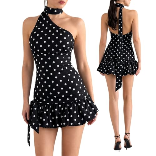 VTYFRY Coquette Polka Dot Mini Dress for Women Sexy Cute One Shoulder Halter Scarf Neck Backless Ruffle Hem Party Club Dress (Small)