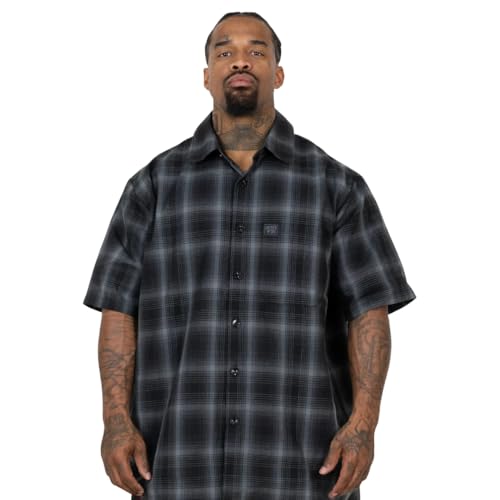 FB County Flannel Shirt for Men & Women - Unisex Checker Short Sleeve Flannel Shirts - Made with Breathable, Heavyweight Polyester Cotton Blend Fabric - Original Streetwear in Black & Black -2XL