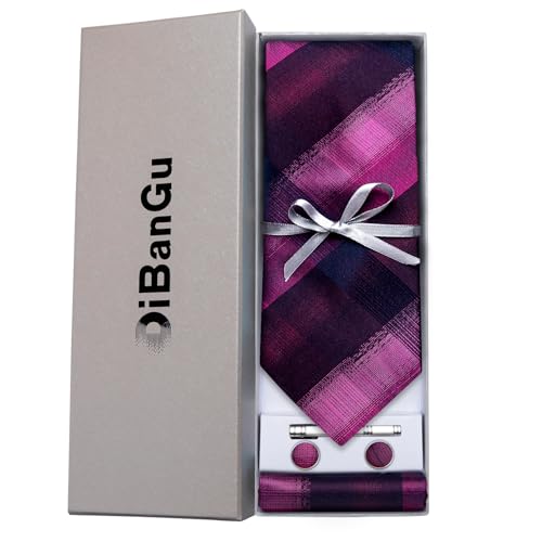 Image of DiBanGu Plaid Ties for Men Silk Checkered Necktie and Pocket Square Cufflinks Tie Clip Set with Gift Box for Wedding Business