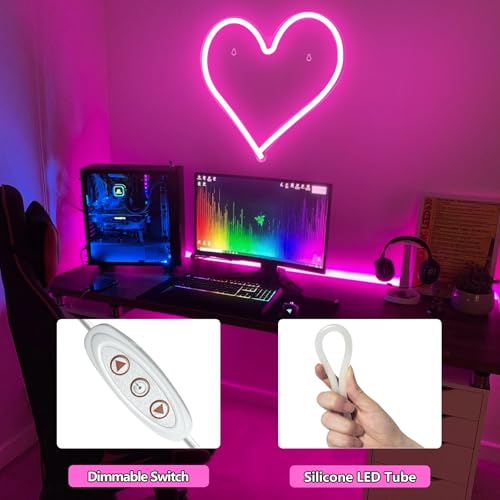 Neon Signs, LED Heart Acrylic Neon Sign for Bedroom, Battery or USB Powered Romantic Love Heart Neon Light for Wall Decor Art, Kids Room, Living, Wedding, Party, Valentine's Day Gift