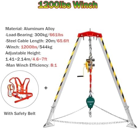 Confined Space Rescue Tripod, Aluminum Emergency Fire Rescue Rope with Telescopic Legs, Suitable for Flue/Tunnel/Sewer.,1800LBSWinch