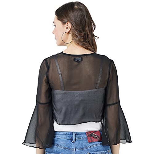 Image of AOL Women's Cropped Layered Lightweight Sheer Three-Fourth Bell Sleeves Georgette Open Neck Shrug Bolero