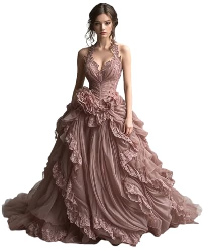 Dydsz Womens Gothic Halter Ruffle Dusty Pink Prom Dress Formal Ball Gown 16
