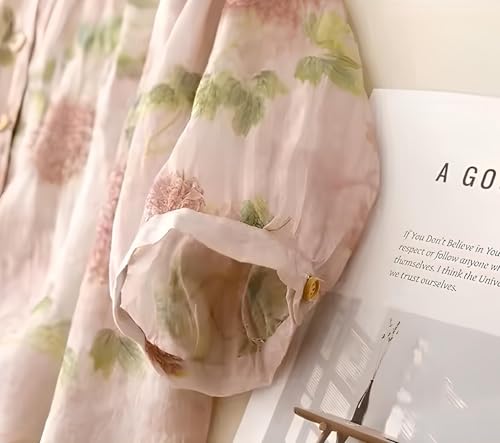 Image of Gufrina Women's Light Rose Floral Printed Button Down Shirt with Mandarin Collar and Relaxed Fit 3 /4 Sleeves