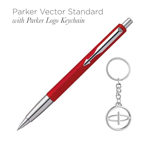 Image of Parker Vector Standard Chrome Trim Ball Pen and Silver Key Chain, Red Body, Blue Ink, Fine Point - Gift Set for Professionals, Executives, and Students