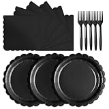 Tyzarglef 105PCS Paper Plates and Napkins Set,7 Inch Scalloped Disposable Tableware with Forks for Birthdays, Garden Parties & Outdoor Events,Serves 35 (Black)