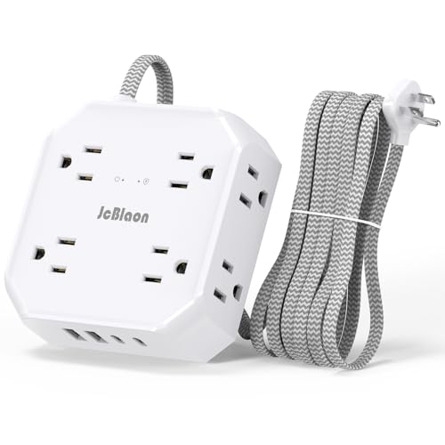Power Strip Surge Protector - 8 Outlets with 4 USB (2 USB C) Charging Ports,JcBlaon Multi Ultra Thin Flat Plug Outlet Adapter with 5Ft Braided Extension Cord for Home, Office, Dorm,Travel Essentials