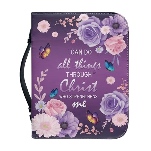Talayituse Cross Flower Butterfly Print Faux Leather Bible Cover for Men Women Girls I Can Do All Things Christian Bible Case with Handle Carrying Book Case Protector Bible Tote Handbag Gifts, 2XL