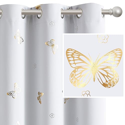 Jubilantex Gold Butterfly Blackout Curtains on Greyish White with Black Layer,Thermal Insulated Window Curtains for Bedroom Girls Room,52x84,2 Panels