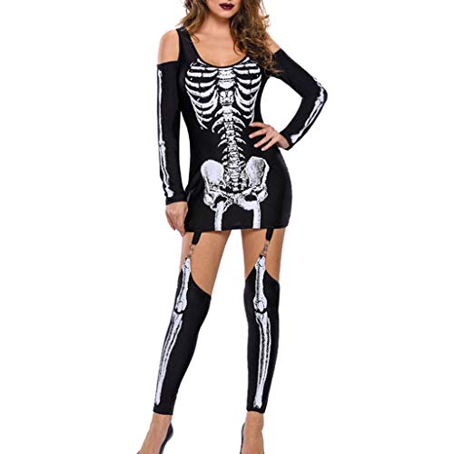 Preisvergleich Produktbild Routinfly Damen Freizeitkleid Cocktailkleid,2019 neu Kleider Abendkleid Shirtkleid Fashion Punk trägerlosen Langarm Skeleton Print Overall Kleid Langarm Jumpsuit Kleid S-XXL