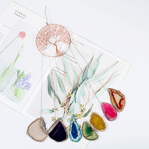 Yoption Rose Quartz Tree Of Life Memorial Wind Chime, Natural Crystal Agate Slices Windchimes For Indoor Outdoor Decoration Ornament, 15.7-17.7 Inch #TOP4