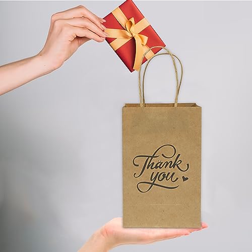 Image of bagmad 100pack 5.25x3.25x8 inch Brown Small Paper Bags with Handles Bulk, Gift Paper Bags, Kraft Birthday Party Favors Grocery Retail Shopping Bags, Craft Bags Takeouts Business (Thank You-Brown)