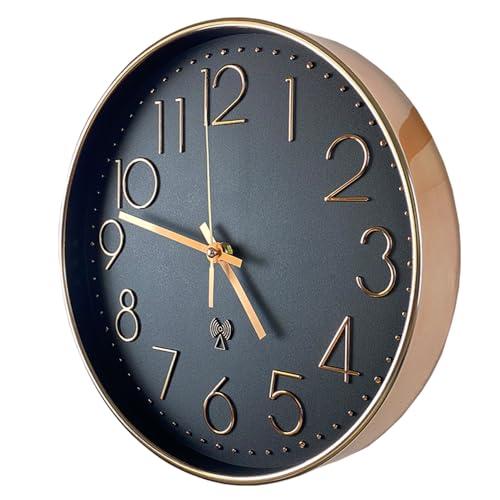 CUYOU Atomic Time Analog Wall Clock | 12" Gold Plated and Polished Frame, Sets Time Automatically | Quartz Movement | Battery Operated | Classic Design (Black)