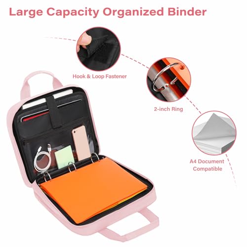 MOSISO 3 Ring Zipper Binder, 2 inch O-Ring Binder Organizer 500 Sheets Capacity Multiple Pockets Bag for Office with Handle & Shoulder Strap Compatible with 13 inch Laptop/Tablet, Pink - Image 3