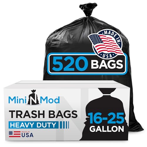 Image of 16-25 Gallon Trash Bags - Bulk 520 Count - Medium-Large Black Garbage Bags, One Size Fits 16, 20, 25 Gal Trash Can Liners for Bathroom, Kitchen, Home, Office & Commercial - Tear-Off Roll