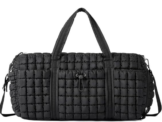 Women's quilted travel storage bag with shoe compartment; fitness bag with wrinkled design; yoga bag (Black)