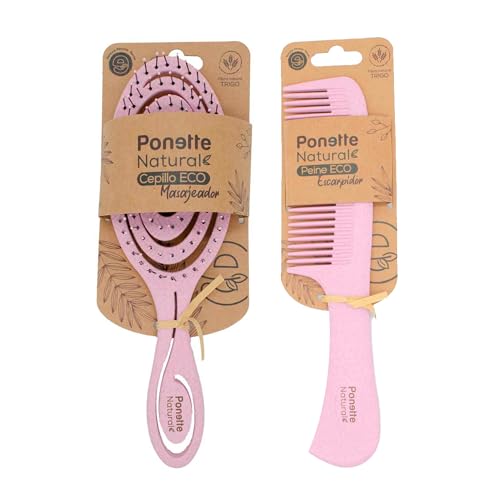 PONETTE NATURAL - Pack Cepillo de Pelo ECO Masajeador Ecológico Desenredante Antitirones y Peine Escarpidor en color Rosa, Fabricado con Fibra Natural de Trigo, 100% Reciclable, Marca Española