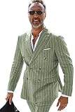 HZUOU Sage Double Breasted Men's Suit Linen Pinstriped Wedding 2 Pieces Groom Party Tuxedos Wide Peak Lapel Business Formal Suit Size 38