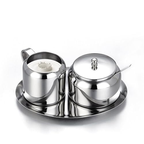 Genérico Juego de Azucarero y Jarra de Leche de Acero Inoxidable con Bandej y Cuchara - Estilo Europeo para Hogar, Cocina, Hoteles y Cafeterías