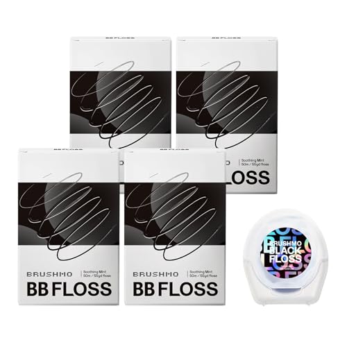 Brushmo Black Floss (BB Floss) - Expanding Gum-Friendly Soothing Mint Dental Floss, Natural Wax Helps Remove Plaque from Teeth, US-Dentist Designed PTFE & PFAS Free Oral Care, 4 Spools, 220 yd, Vegan -  BBFLOSS-4pk