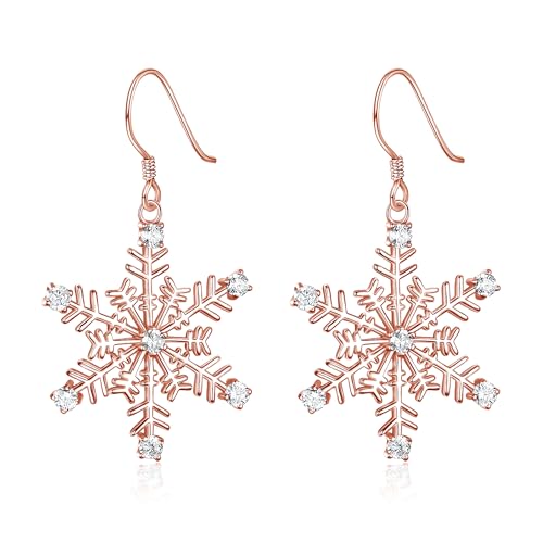 EVER FAITH Women's 925 Sterling Silver CZ Winter Party Snowflake Hook Dangle Earrings Rose Gold-Tone