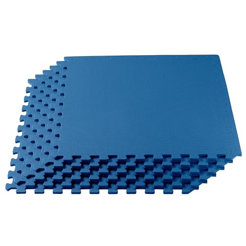 Image of We Sell Mats Premium Foam Interlocking anti-fatigue tiles great for gyms PX90 Insanity Pilates Yoga aerobics cardio trade shows kids payrooms and more. Blue 48 SQFT-12 Tiles