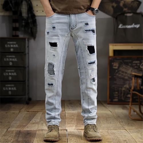 Men's Washed Wear Ripped Slim Fit Straight Ankle-Tied Vintage Casual Street Motorcycle Jeans3