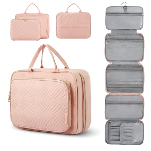 WOOMADA Detachable Travel Toiletry Bag for Women - Large Toiletry Bags for Travel with Hanging Hook - Large Travel Makeup Bag Cosmetic Organizer for Brushes Set (Pink)