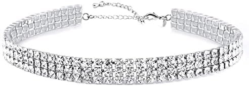 Zealmer 3 Row Rhinestone Choker Necklace for Women White Gold Plated, 12.4 inch¡­