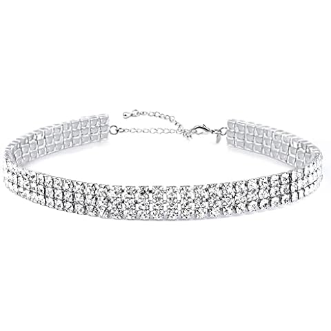 Zealmer 3 Row Rhinestone Choker Necklace for Women White Gold Plated, 12.4 inch Cover