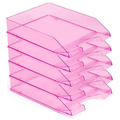 Tradineur - Pack de 5 bandejas de oficina apilables, plástico transparente, organizador documentos A4, revistas, folletos, sobremesa, escritorio, fabricado en España (Fucsia - 35 x 25,5 x 6,5 cm)