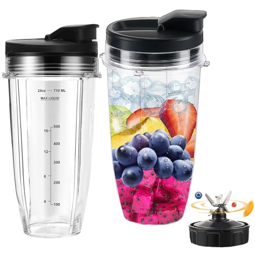 2-Pack for Ninja Blender Cups, 24oz Blender Replacement Parts, 700ml Cups Replacement Compatible with Nutri Auto IQ Series Blenders, 2X 700ml Cups & 1x Blade & 2X Spout Lids