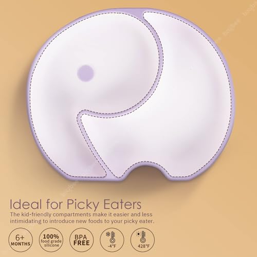 Image of BAYBEE Elephant Silicone Divided Baby Plate with 2 Training Spoons | Baby Feeding Set for Toddlers & Kids | Suction Plate and Spoon Combo for Boys & Girls | Tableware Set for Boys & Girls (Purple)